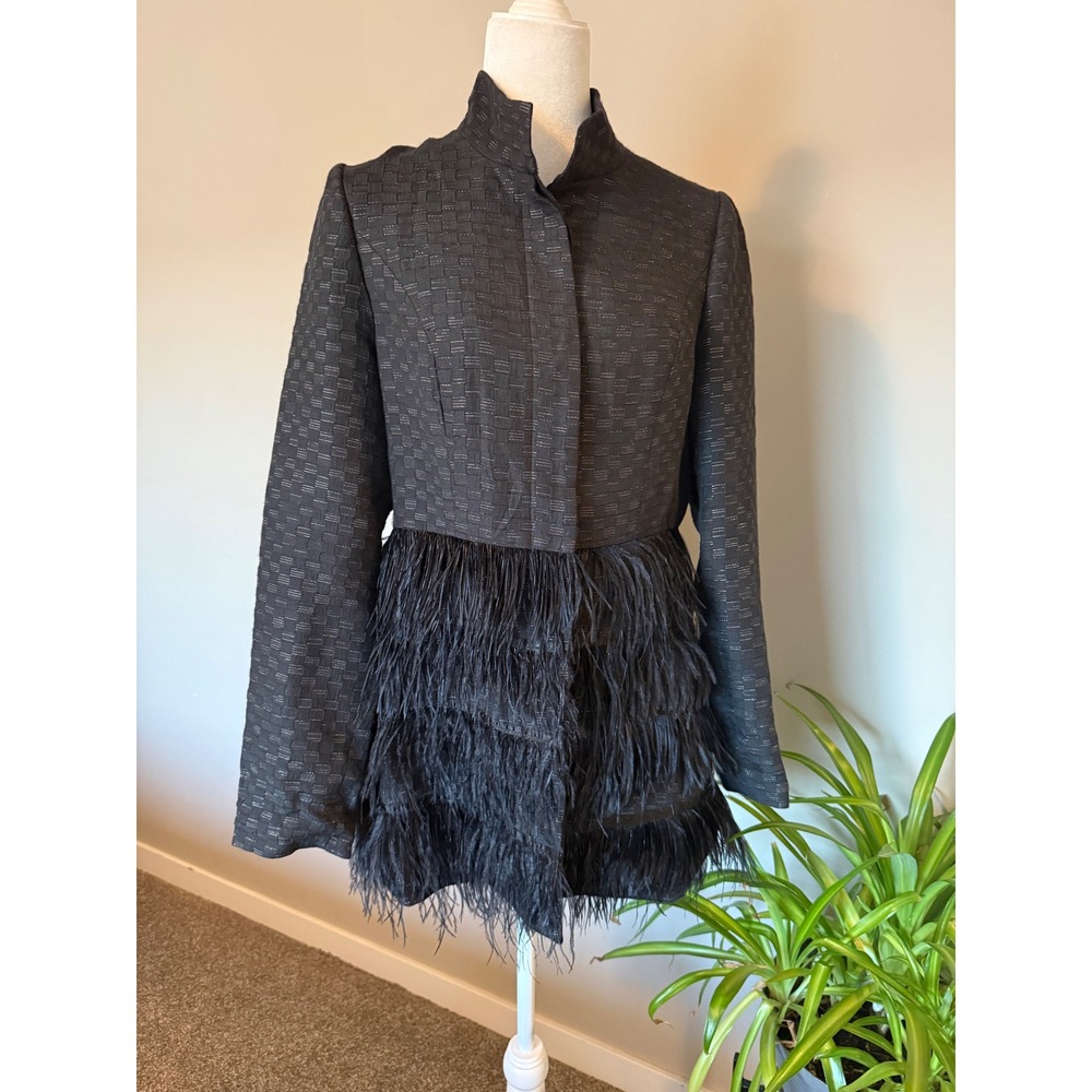 Anthropologie Maximalist Jacket‎ Women Medium Black EUC  Feather Trim Metallic